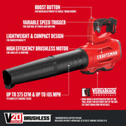 Photo of CRAFTSMAN cordless leaf blower CMCBL720B, brushless motor, red and black, side view, V20 lithium ion.