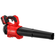 Photo of Craftsman cordless leaf blower CMCBL730P1, red and black, side angle, showing V20 lithium-ion battery.