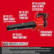 Photo of Craftsman V20 brushless cordless blower, SKU CMCBL730P1, red and black, side angle, with battery.