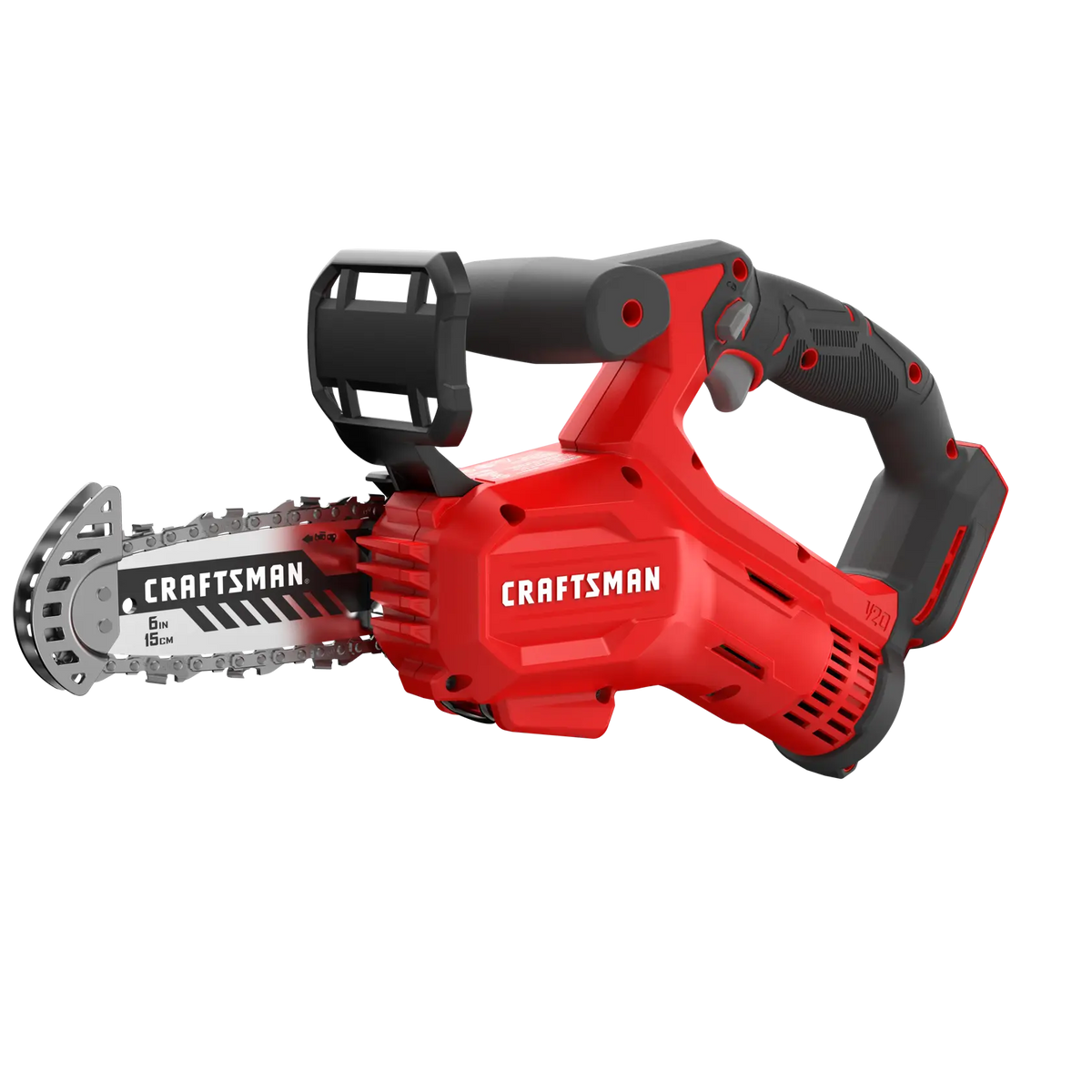 Craftsman CMCCS320B cordless mini chainsaw, red and black, side angle, white background.