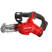 Craftsman CMCCS320B cordless mini chainsaw, red and black, side angle, white background.