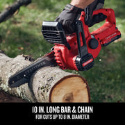 Craftsman chainsaw CMCCS610B cutting a log, red and black body, 10 in. bar, action close-up outdoors.