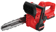Photo of Craftsman CMCCS610D1 cordless chainsaw, red and black, angled view on white background.