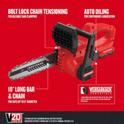 Photo of CRAFTSMAN V20 cordless chainsaw, SKU CMCCS610D1, side angle, red body, 10-inch bar, highlights auto oiling and bolt lock chain tensioning.