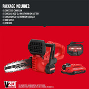 Craftsman CMCCS610D1 chainsaw kit with V20 battery, charger, bar cover and wrench, front angle on white.