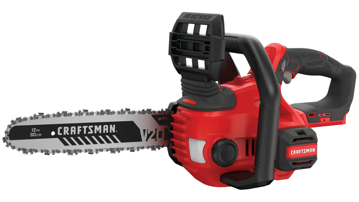 Photo of Craftsman CMCCS620B cordless chainsaw, red and black, side angle on white background.