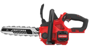 Photo of Craftsman CMCCS620B red cordless chainsaw, side angle, black handle, 12-inch bar, white background.