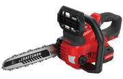 Photo of Craftsman CMCCS620B cordless chainsaw, red and black, 12-inch blade, front angle on white background.