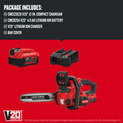 Photo of Craftsman CMCCS620M1 graphics showing V20 12-in chainsaw, battery, charger, bar cover on red background.