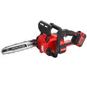 A red and black cordless electric chainsaw with a 12-inch blade, featuring the brand name 'Craftsman', brushless motor, and ergonomic handle design.