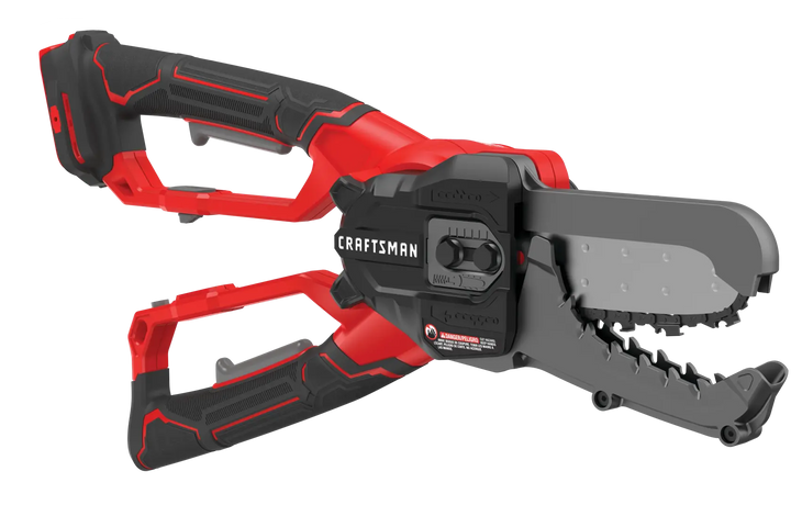 Photo of Craftsman CMCCSL621B cordless chainsaw with black and red handle, side angle, white background.