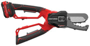 Photo of Craftsman CMCCSL621D1 cordless chain saw, red and black, side angle on white background.