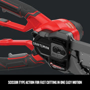 Photo of Craftsman CMCCSL621D1 electric chainsaw handle and control area, red and black colors, close-up angle.