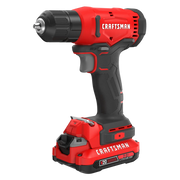 Red and black cordless drill with CRAFTSMAN branding and lithium-ion battery attached at the base.