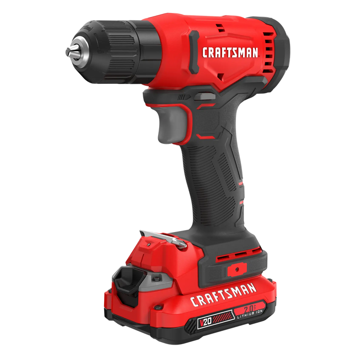 Red and black cordless drill with CRAFTSMAN branding and lithium-ion battery attached at the base.