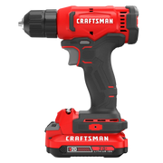 Red and black Craftsman cordless power drill with V20 lithium ion battery.