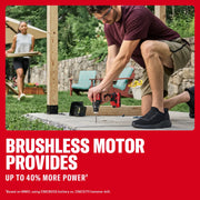 A person is kneeling outdoors and using a CRAFTSMAN cordless power drill to drill into a concrete surface. Another person is walking in the background. The image highlights the brushless motor technology promising up to 40% more power. Outdoor furniture and a garden are visible, and text is prominently displayed at the bottom.