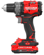 Craftsman cordless drill, model CMCD725D2, V20 lithium-ion, side view on white background.