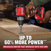 Photo of CRAFTSMAN cordless drill CMCD725D2 being used to bore a hole in wood, showing brushless motor in action.
