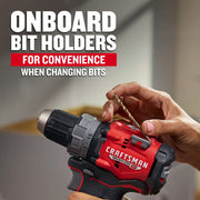 Photo of Craftsman brushless drill with onboard bit holders, SKU CMCD725D2, held in hand, drill bit being inserted.