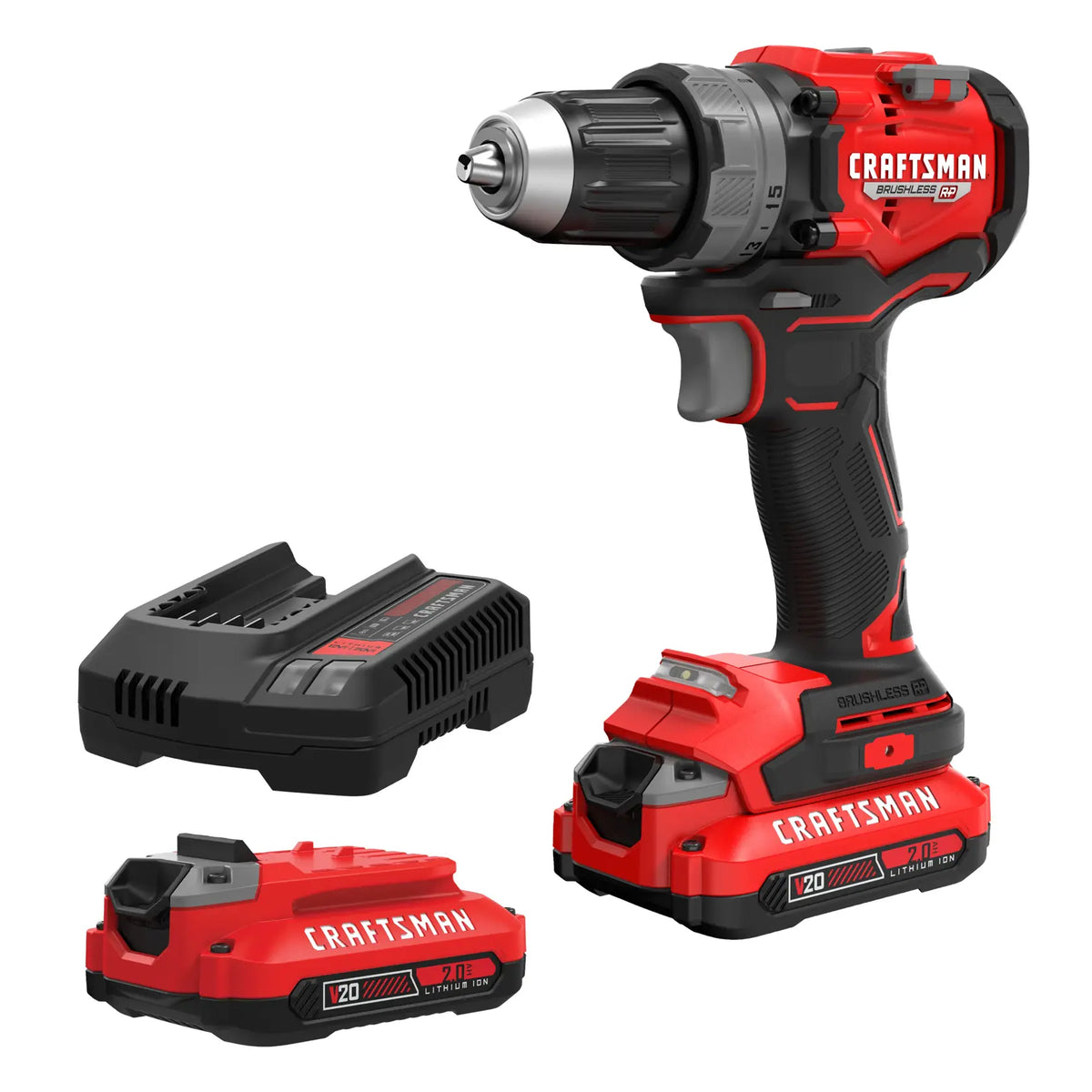 CRAFTSMAN CMCD725D2 cordless drill set with red and black drill, charger, and two V20 batteries, front angle.