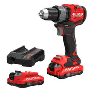 CRAFTSMAN CMCD725D2 cordless drill set with red and black drill, charger, and two V20 batteries, front angle.