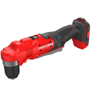 Photo of Craftsman cordless rotary tool CMCD750B, red and black, side angle on white background.