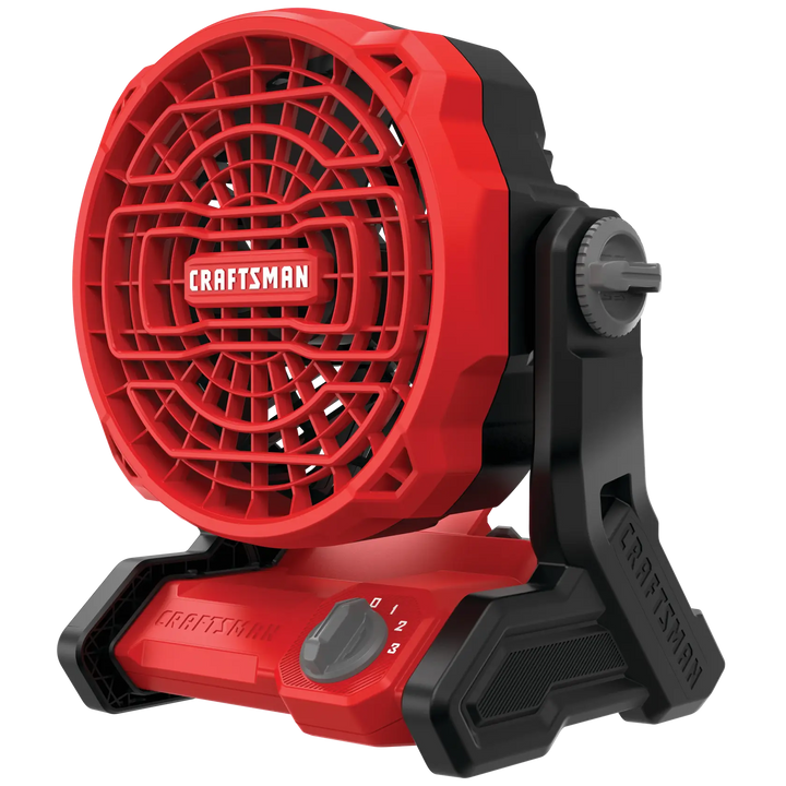 Photo of Craftsman portable fan CMCE001B, red and black, with adjustable base and three speed control, front angle.