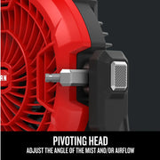 Photo of Craftsman red fan with pivoting head feature, closeup view, CMCE003B, graphics category.