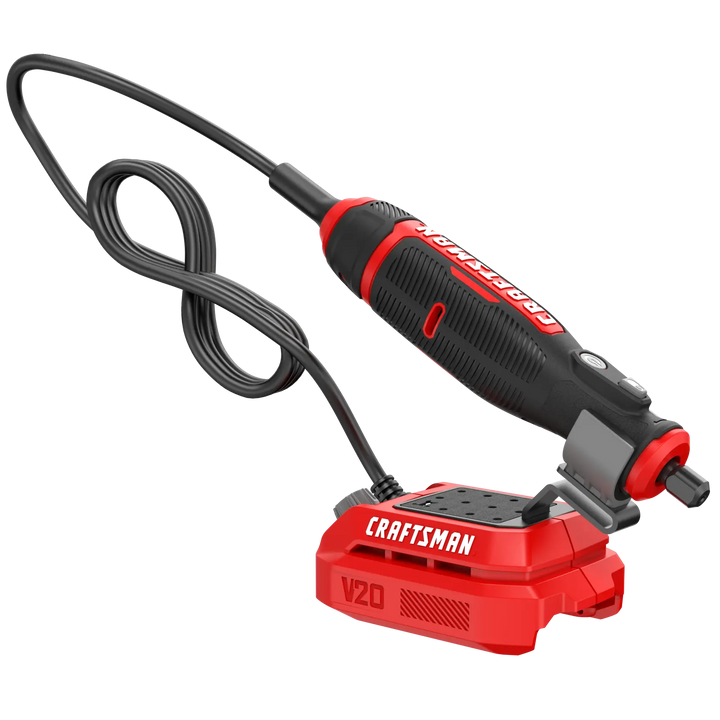 Photo of Craftsman rotary tool CMCE030B with V20 base, black and red color, front angle, on white background.