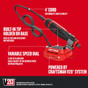 Craftsman rotary tool CMCE030B with red base, 4' cord, built-in tip holder, variable speed dial, front angle.