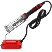 Photo of Craftsman CMCE040B soldering iron with red and black handle, metal coil stand, and attached cord, front angle.