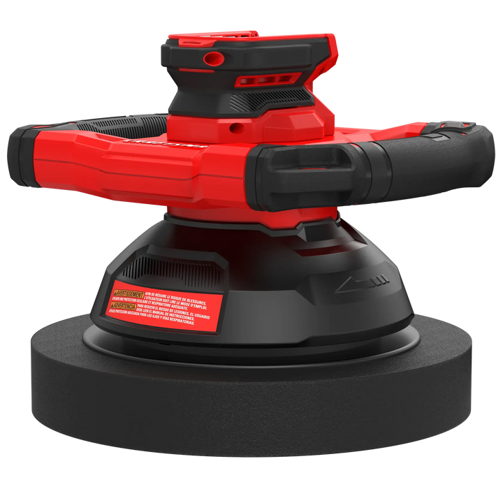 Photo of CRAFTSMAN cordless polisher CMCE100B, red and black, side angle on white background.