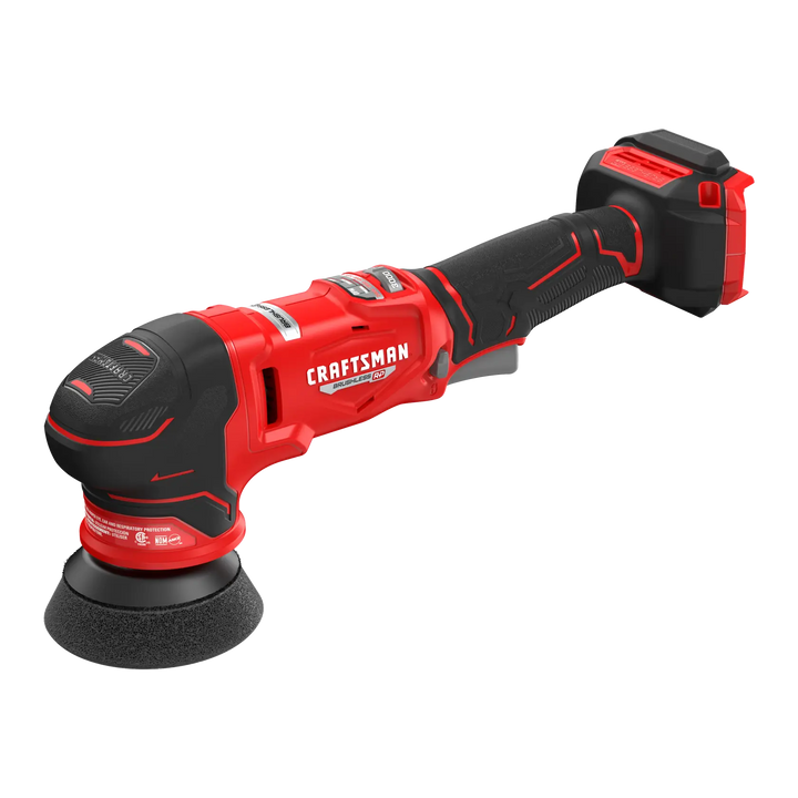 Photo of Craftsman cordless polisher CMCE130, red and black, angled view on white background.