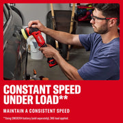 Photo of a person using a Craftsman cordless buffer CMCE130B on a car door in a garage setting.