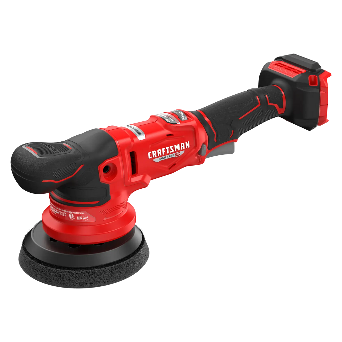 Photo of Craftsman cordless polisher CMCE150, red and black, side angle on white background.