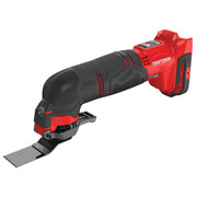 Photo of CRAFTSMAN cordless oscillating tool, red and black, model CMCE500B, side angle on white background.