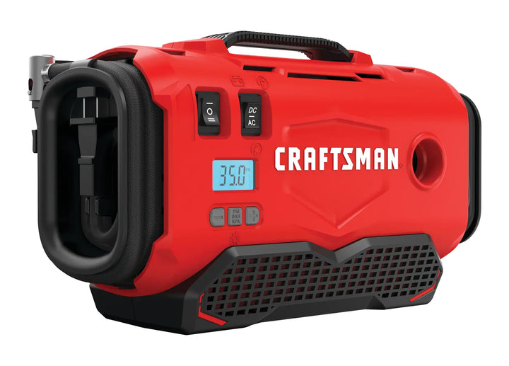 Photo of CRAFTSMAN air inflator CMCE520B, red color, angled view, LCD display and control buttons visible.