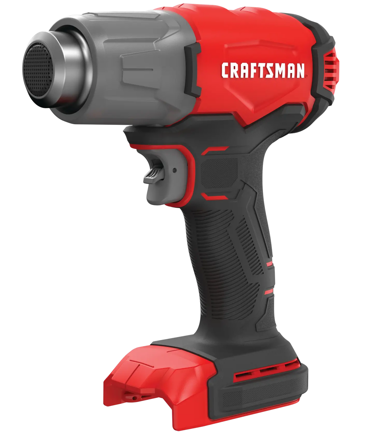 Photo of CRAFTSMAN cordless heat gun CMCE530B, in red and black, angled view on white background.
