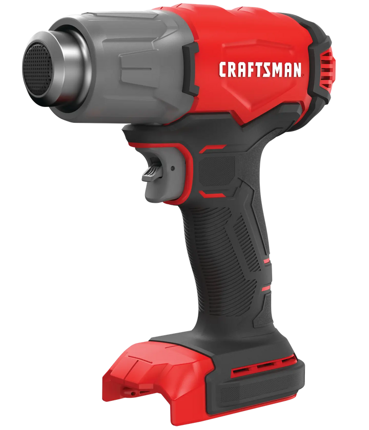 Photo of CRAFTSMAN cordless heat gun CMCE530B, in red and black, angled view on white background.