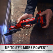 Photo of Craftsman cordless oscillating multi-tool CMCE565D1 in use, cutting baseboard on a floor.