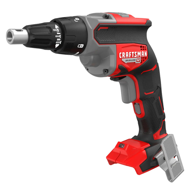 Photo of Craftsman cordless screw gun CMCF600B, red and black, side angle on white background.