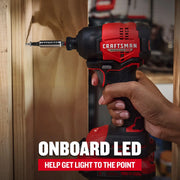 Photo of Craftsman impact driver CMCF811D1 in use, driving a screw into wood with onboard LED light visible.