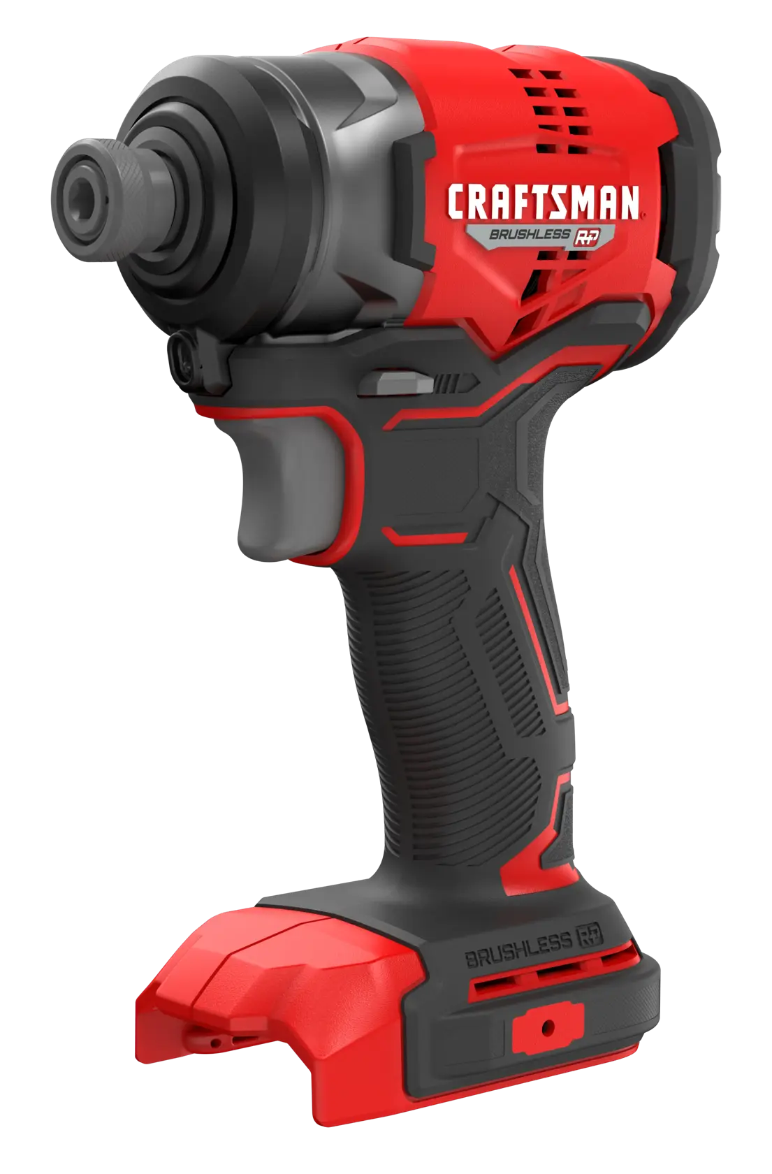 Photo of Craftsman brushless impact driver, SKU CMCF813B, red and black, angled on white background.