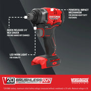Photo of CRAFTSMAN cordless impact driver, red and black, V20 brushless, SKU CMCF813B, front angle.