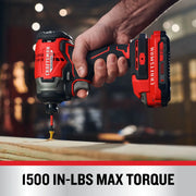 Photo of Craftsman cordless impact driver CMCF813B with red and black design driving a screw into wood.
