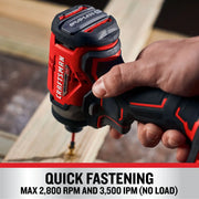 Photo of Craftsman brushless impact driver CMCF813C1 with red and black body in use on wooden boards.