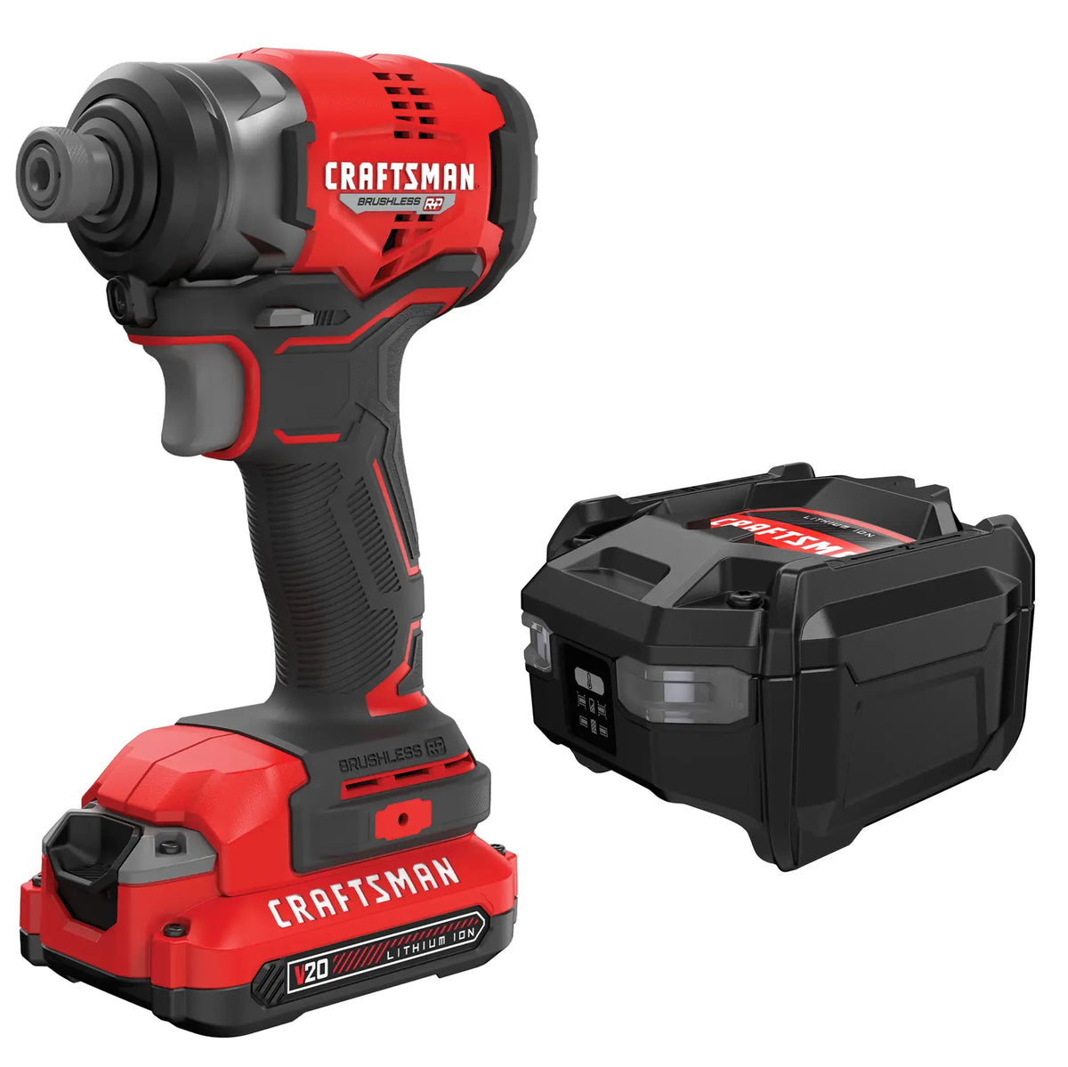 Craftsman brushless cordless impact driver and battery, red-black, side angle, CMCF813C1.