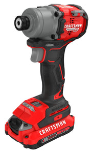 Craftsman CMCF830D2 cordless impact driver, red and black, side angle on white background.