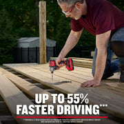 Photo of person using Craftsman cordless impact driver CMCF830D2 on wooden deck boards outdoors.